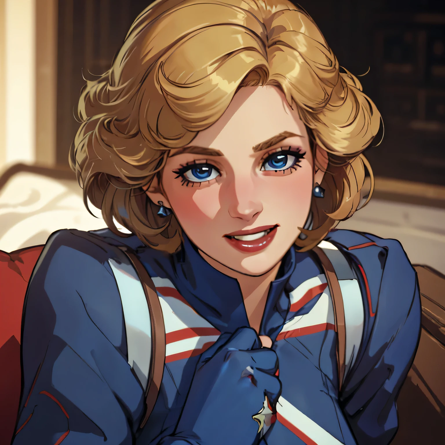 (masterpiece:1.3), (8K, Realistic, RAW Photos, Highest quality: 1.4), (One Girl), Beautiful Face, (Realistic Face), Beautiful Hairstyles, Realistic eyes, Beautiful details, (Realistic Skin), Beautiful Skin, Absurd, charm, Ultra-high resolution, Ultra-realistic, Very detailed, Golden Ratio, (Best Shadow), Cinematic, (Complex:1.4), High Contrast, Side lighting, ((Princess Diana)), ((laughing:1.0)), ((Accurate hands and fingers)), ((captain Britain)), Caucasian female, (Blonde Hair, short hair:1.3), 大きな尻, (she have UnionJack leotard), (she have UnionJack large round hield), BREAK ((full body))