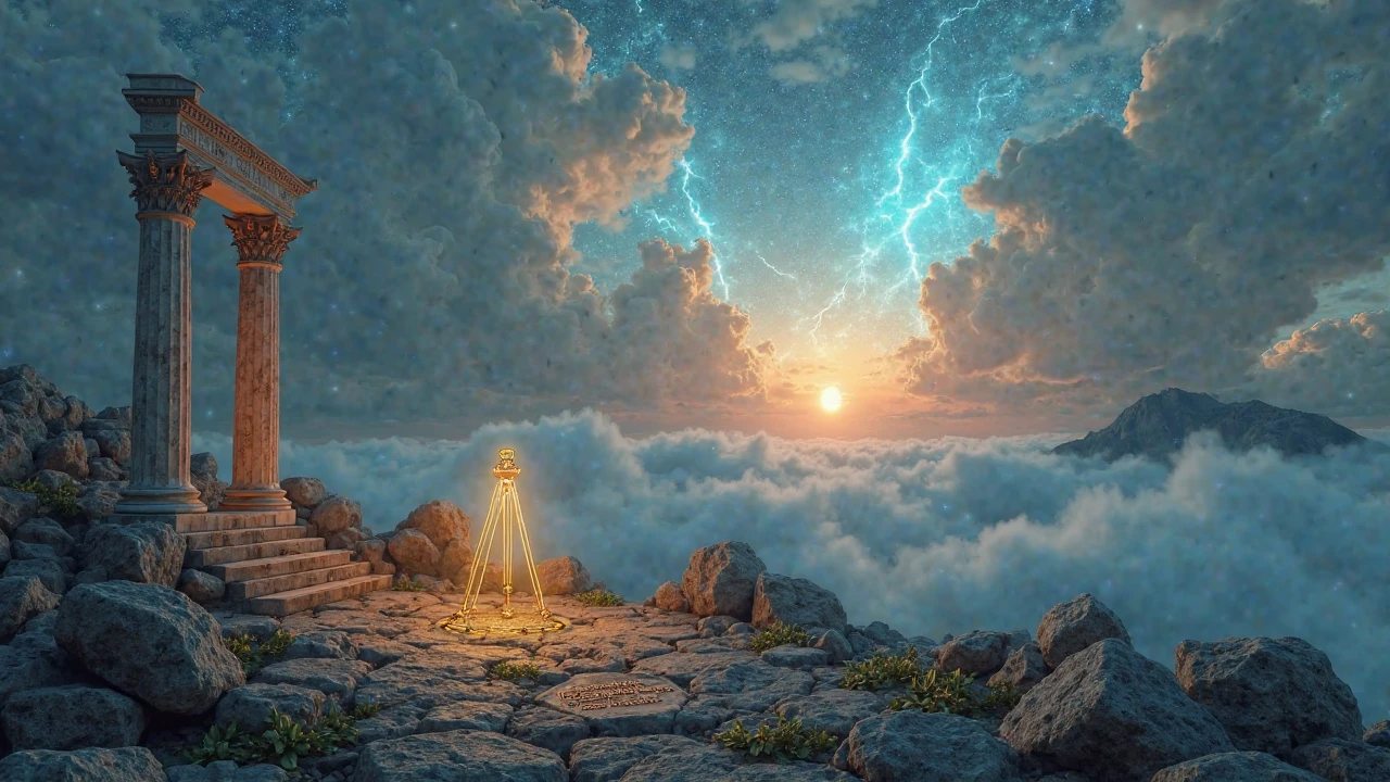 "A spectacular cinematic setting that opens to the mysteries of Greek mythology, perched atop misty Olympus at sunset. In front are ruined marble columns and a glowing golden tripod, with laurel wreaths scattered on the ground. rearward, the starry sky swirls with fanciful shadow of the gods — lightning of Zeus, Athena's cat's owl, Apollo's lyre — emerging from the clouds. Mysterious fog screw, glows blue and soft gold, evokes the feeling of ancient secrets about to be revealed. A stone engraved in the center reads 'Mystery Solved' in Greek. high detail, 4K resolution, combining classical Greek art style and epic fantasy, inspired from John William Waterhouse and Zdzisław Beksiński."