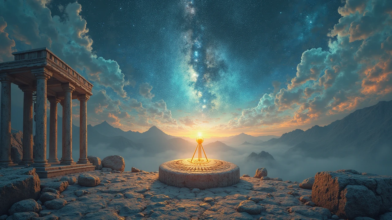 "A spectacular cinematic setting that opens to the mysteries of Greek mythology, perched atop misty Olympus at sunset. In front are ruined marble columns and a glowing golden tripod, with laurel wreaths scattered on the ground. rearward, the starry sky swirls with fanciful shadow of the gods — lightning of Zeus, Athena's cat's owl, Apollo's lyre — emerging from the clouds. Mysterious fog screw, glows blue and soft gold, evokes the feeling of ancient secrets about to be revealed. A stone engraved in the center reads 'Mystery Solved' in Greek. high detail, 4K resolution, combining classical Greek art style and epic fantasy, inspired from John William Waterhouse and Zdzisław Beksiński."