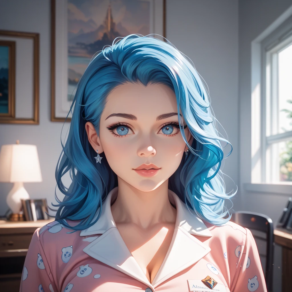 Girl with Blue Hair,in pajamas,Peeking Out of the Chest,Staring Here 4k High Definition,Ultimate Detailed Description,Realistic Textures,Professional,best detail,High Dynamic Range,studio lighting for women,Superb Realistic Indoor Scenes,Soft Light,Familiar Atmosphere,Calm Colors,Warm Colors Anime Style,portrait,precision painting