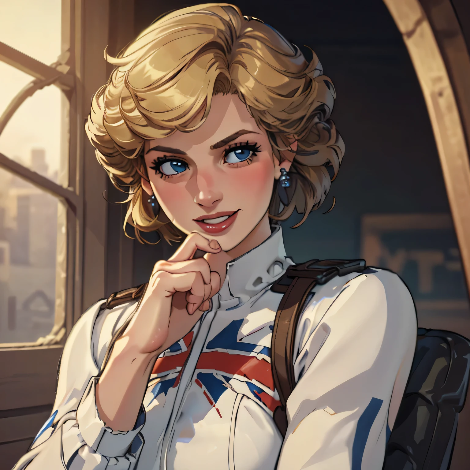 (masterpiece:1.3), (8K, Realistic, RAW Photos, Highest quality: 1.4), (One Girl), Beautiful Face, (Realistic Face), Beautiful Hairstyles, Realistic eyes, Beautiful details, (Realistic Skin), Beautiful Skin, Absurd, charm, Ultra-high resolution, Ultra-realistic, Very detailed, Golden Ratio, (Best Shadow), Cinematic, (Complex:1.4), High Contrast, Side lighting, ((Princess Diana)), ((laughing:1.0)), ((Accurate hands and fingers)), ((captain Britain)), Caucasian female, (Blonde Hair, short hair:1.3), 大きな尻, (she have UnionJack leotard), (she have UnionJack large round hield), BREAK ((cowboy shot))