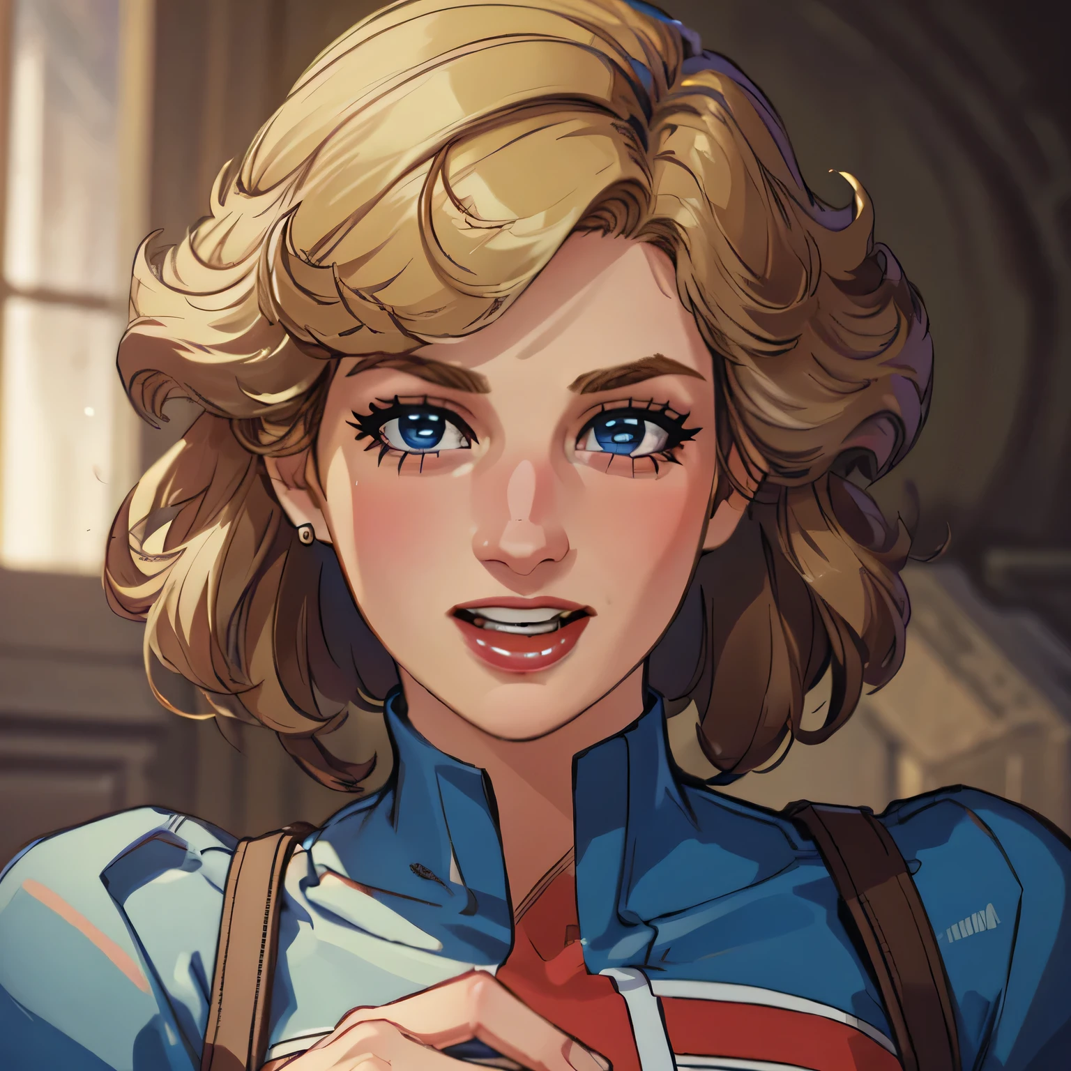 (masterpiece:1.3), (8K, Realistic, RAW Photos, Highest quality: 1.4), (One Girl), Beautiful Face, (Realistic Face), Beautiful Hairstyles, Realistic eyes, Beautiful details, (Realistic Skin), Beautiful Skin, Absurd, charm, Ultra-high resolution, Ultra-realistic, Very detailed, Golden Ratio, (Best Shadow), Cinematic, (Complex:1.4), High Contrast, Side lighting, ((Princess Diana)), ((laughing:1.0)), ((Accurate hands and fingers)), ((captain Britain)), Caucasian female, (Blonde Hair, short hair:1.3), 大きな尻, (she have UnionJack leotard), (she have UnionJack large round hield), BREAK ((cowboy shot))