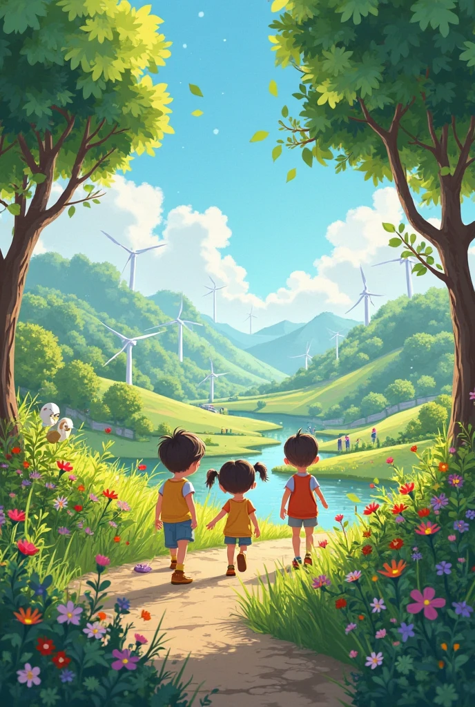 Picture a scene of opening up a new eco world with kindergarten ren.