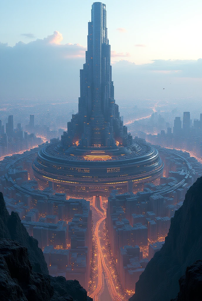 A futuristic megacity no more than 3 kilometers in diameter and rising up to 4.5 kilometers in height, with underground structures reaching 1.5 kilometers deep. The city has a central tower housing government headquarters and institutions, surrounded by zones of education and recreation. To the far north are high-tech industrial work sectors, while in the southern quadrants lie sleek residential areas. Aerial structures float above the city, powered by credit-based access. The underground sector is a grid of free housing for low-income citizens, illuminated with soft ambient lights. Style: sci-fi, ultra detailed, digital art, cityscape, cyberpunk tones, epic scale, cinematic lighting, dusk or night scene.