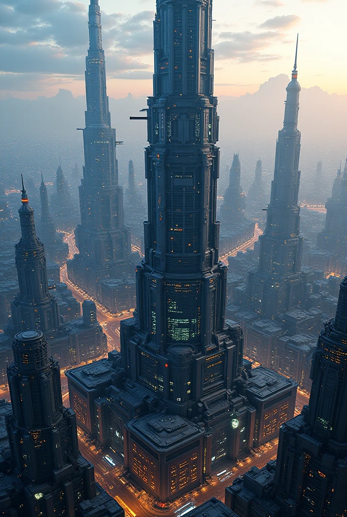 A futuristic megacity no more than 3 kilometers in diameter and rising up to 4.5 kilometers in height, with underground structures reaching 1.5 kilometers deep. The city has a central tower housing government headquarters and institutions, surrounded by zones of education and recreation. To the far north are high-tech industrial work sectors, while in the southern quadrants lie sleek residential areas. Aerial structures float above the city, powered by credit-based access. The underground sector is a grid of free housing for low-income citizens, illuminated with soft ambient lights. Style: sci-fi, ultra detailed, digital art, cityscape, cyberpunk tones, epic scale, cinematic lighting, dusk or night scene.