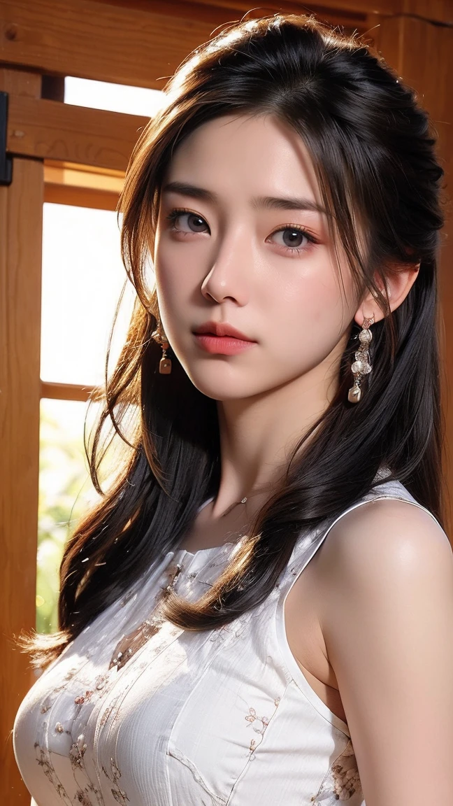 ((masterpiece: 1.4, best quality))+,(ultra detail)+, official art, unity 8k wallpaper, ultra detail, beautiful, high quality, Highlight your cute face, masterpiece, best quality, (Idol+pretty girl+Professional wrestler:1.2), (Layered medium length hair with waves, brown eyes, brown hair), (bust:1.5), vivid colors, (colorful earrings, a hair clip with a big ribbon decoration :1.1),(All nude+pubic hair:1.3)