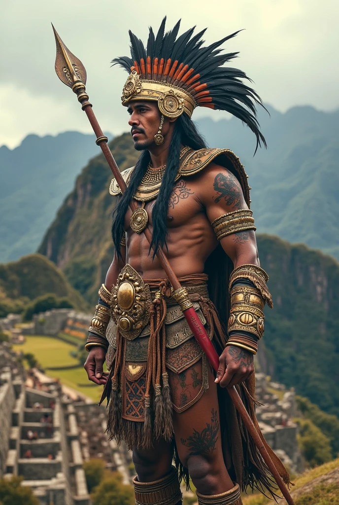 A powerful Inca warrior standing confidently in front of a majestic Andean temple or Inca pyramid. He wears traditional Inca armor made of gold, feathers, and intricate textiles. His headdress features vibrant feathers and gold adornments, and he holds a ceremonial spear. The warrior has traditional Inca tattoos or body paint, and his expression is stoic and proud. The background shows the misty Andes mountains and ancient stone structures like Machu Picchu. Dramatic lighting and cinematic atmosphere, hyper-realistic, 8K resolution, epic and heroic pose.
