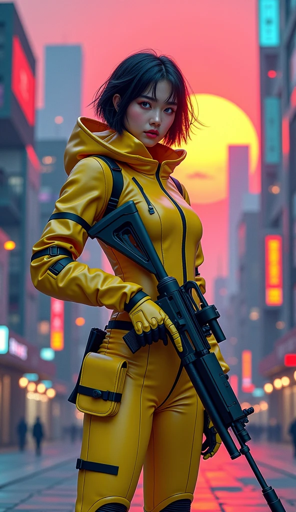 (masterpiece, best quality, beauty, best ratio, best shadows,best Illustration, wallpaper size,1080×2400 pixels,detailed face,pastel colors, futuristic theme) 
uhd, korean beautiful female, full posture fully visible, shining blue eyes, windblown short hair, wear dominant yellow camo colour and yellow strip full  armory leather, yellow high heel ice skates, hand holding futusistic neon riffle emits gold energy, standing standing in front of a futuristic city with many colorfull glass houses. outer space, big neon billboard, big red  moon seen on far away. use the RenderMan renderer.digital art.High definition, high contrast, high color saturation ,128k,cinematic lighting, intricate,cinematic advertising photograph,cinema lens,high res.