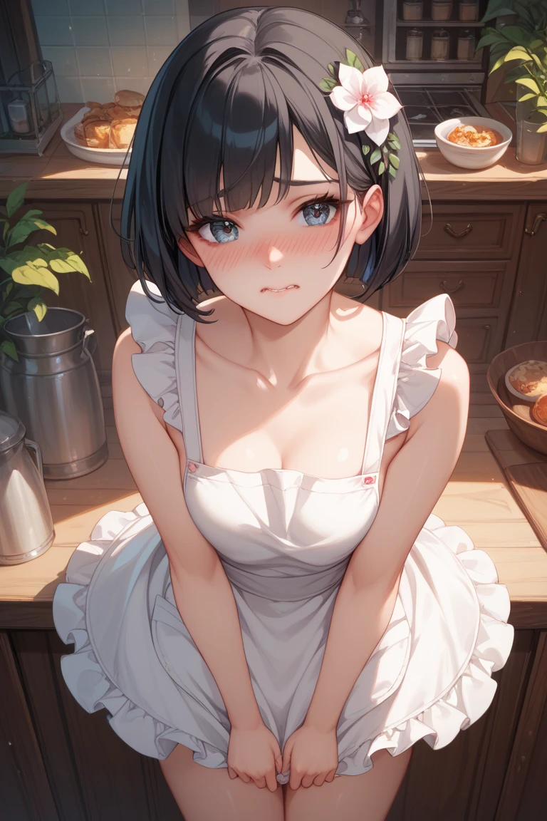 1girl, Short purple hair, wearing Shirt and Apron, kitchen,
(((masterpiece),(Very detailed CG unity 8K wallpaper),best qualtiy,cinmatic lighting,detailed back ground,beatiful detailed eyes,Bright pupils,Purple eyes,Snow-whiteskin,Redlip(Very fine and beautiful),(Beautiful and detailed eye description),ultra - detailed,tmasterpiece,))looking at camera,A high resolution,ultra - detailed),