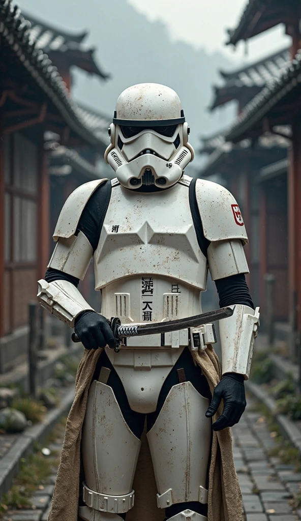 stormtrooper, Star Wars, wearing white samurai armor, holding a Japanese sword,As Samurai,
 Japanese old village background, 8k, masterpiece, high definition, high resolution, dark atmosphere