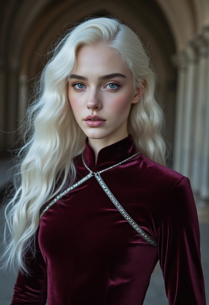 A medieval young beautiful Targaryen woman with platinum blonde hair that falls in soft waves to her shoulders, each strand shimmering like silver. Her skin is pale and flawless, almost porcelain in texture, with a subtle natural glow. Her violet eyes are striking and intense, gleaming with an otherworldly sharpness that can captivate and unnerve at once, framed by long, dark lashes. Her face is angular and regal, with high cheekbones, a button nose, and full, soft lips. Her beauty is not soft or gentle, but rather an ethereal, intimidating presence that commands attention. Looks mean, intimidating. Wearing a tight, fittend medieval velvet maroon dress with silver accents. Castle interior background. Angular face, sharp features. Medieval game of Thrones era. No makeup