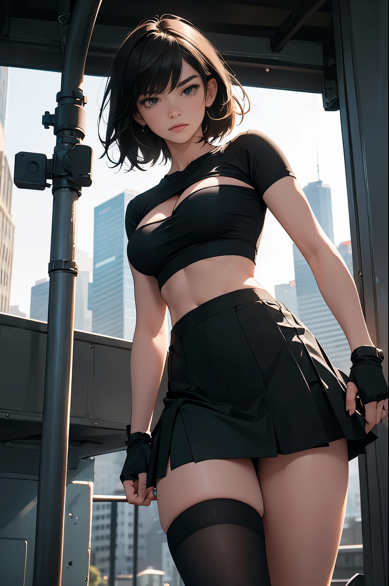 8k,masterpiece, bset quality,big, (1 girl), tifa lockhart, red_eyes, black hair, long hair, professional lighting, (shiny skin: 1.2), shiny big, ((best quality)), sharp focus: 1.2, highly detailed face and skin texture, detailed eyes, perfect face, perfect body, blur art, cg, backgroundMature cool and beautiful face, wearing (suspender black skirt), black elbow gloves, white taut shirt, thigh, white tank top), blushing, dynamic pose, (mittgal), floating hair, random pose, short cut hair bob cut