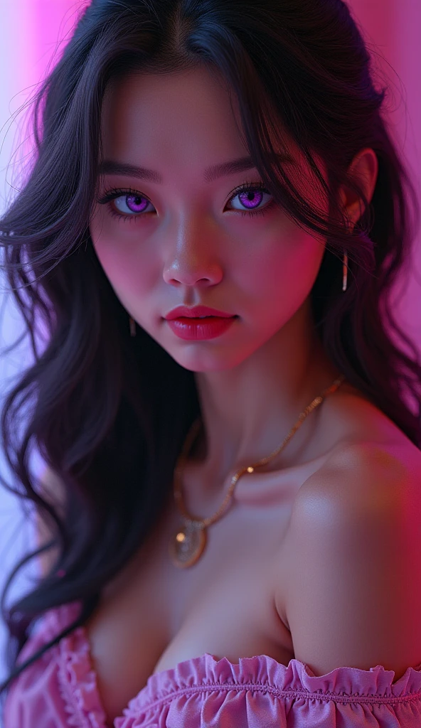 A beautiful and sexy 1 girl who looks like a Chinese or Vietnamese girl, ((Wearing pajamas to hide her big round breasts: 1.5)), Extremely sexy girl in a small camisole, short hair long and purple hair, the most detailed and beautiful hair jewelry, ((wearing a light purple lace necklace:1.6)), Super cute little face Extremely pretty face, thin eyebrows, flawlessly beautiful face dark spots, ((black eye pupils: 0.8)), very beautiful eyes, ((purple eyes: 1.4)), beautiful and detailed eyelashes, high nose, earrings, thin lips, plump red lips, forbidden to smile, beautiful lips, slim arms, The most beautiful thighs, ((2 arms reaching out to the sides: 1.5) ), healthy limbs, 1 hand stroking hair, rosy face, clean face, flawless beautiful face blemishes, smooth white skin, (big breasts: 1.5)), flat breasts, beautiful cleavage, ((big and super round breasts: 1.5)), ((super firm) breasts: 1.4)), ((breast augmentation: 1.6)), beautiful breasts, 2 hands behind her back, beautiful girl's upper body, 8k photo, super high quality, super realistic, 10x super pixel, real photo, dark studio, border light, two-tone light color, ( highly detailed skin: 1.2), 8k ultra, soft light, high quality, volumetric light, realistic, Photo, high resolution, light, best photo, 4k quality, 8k, effect blur effect, Smooth and sharp, 10x pixels, (galaxy: 1.7), aurora, lightning, surreal graphics, most realistic graphics, alone, solo, Extremely sharp, surreal images, ( (frontal portrait: 1.2))." The whole body is turned about 30 degrees, the face is facing forward. 1 tay vuốt mái tóc