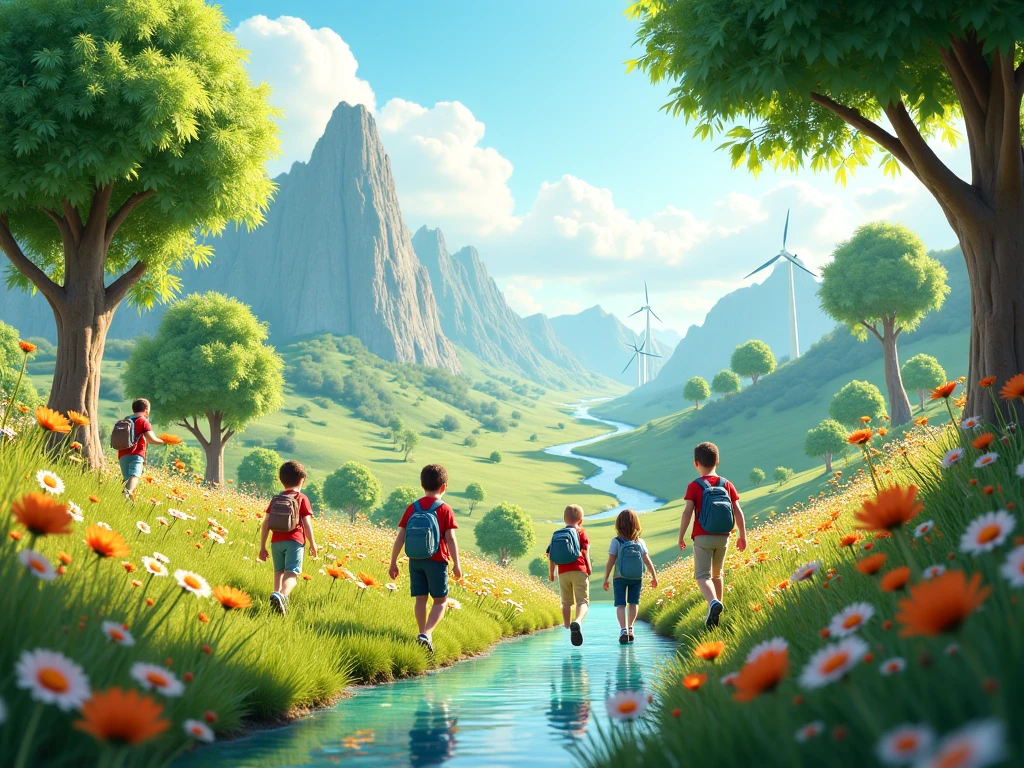 Picture a scene of opening up a new eco world with kindergarten ren.