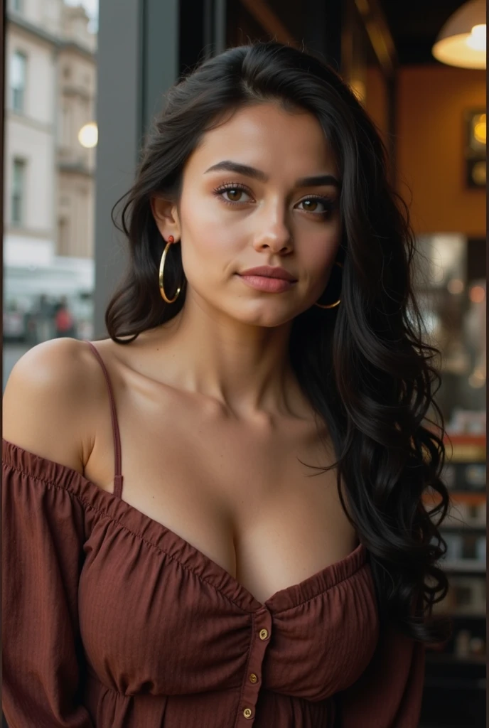 realistic, highres:1.2, ultra-detailed), a 19-year-old girl with long and black hair, beautifully styled and flowing, styled in a natural way. This girl has a radiant smile and expressive, deep brown eyes that captivate the viewer's attention. Her eyes are mesmerizing and full of life, with long and thick lashes. posing in a coffeeshop