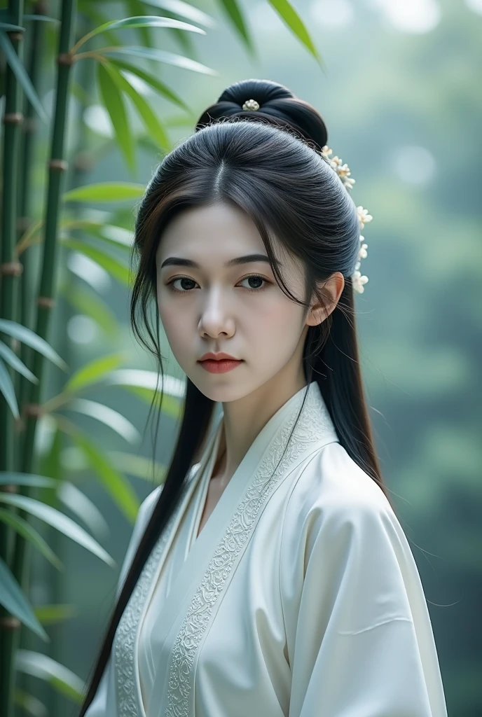 A hyperrealistic portrait of a woman in an exquisitely detailed white Hanfu, the silk shimmering under soft, diffused light, her expression serene yet subtly melancholic, set against a backdrop of a misty bamboo forest, evoking a sense of ancient Chinese elegance and quiet contemplation.
