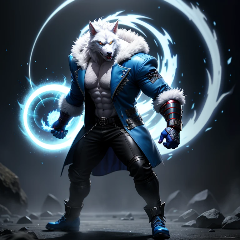 Solo, teen furry, furry, teen, white wolf, wolf, white body, grey stripes, googles, black sleeveless jacket, black loincloth, holy magic, masterpiece, Detailed face, big eyebrows, blue eyes, detailed eyes, No muscles, Detailed hands, Flat body, Skinny, Detailed paws, no shirt, no underwear, black gloves, black boots, art by pache_riggs, action pose,