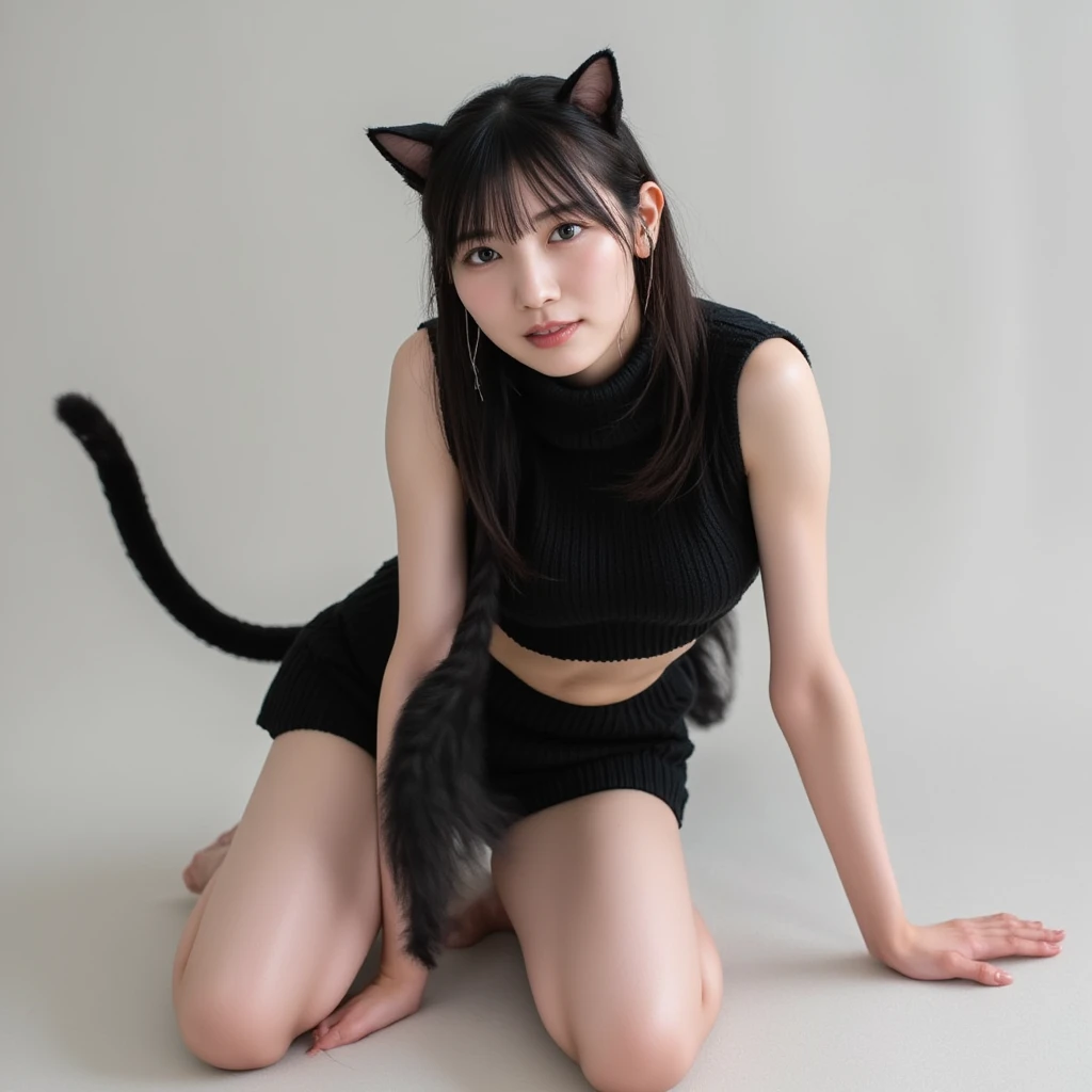 Seductive young woman,cat ear,on the floor on all fours,clothes torn,wildness,at a forest,the night,The wolf in the distance is watching,look of anguish