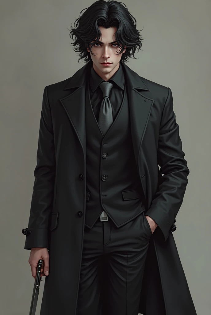 my appearance: wavy black hair that goes over the shoulder , Suit, black eyes, neutral expression, alto, a little muscular, wearing black pants , black boots , long sleeve dress shirt black, black dress vest  ,gray tie and a black overcoat; male gender, holding a dagger, Since you're supposed to be a murderer 