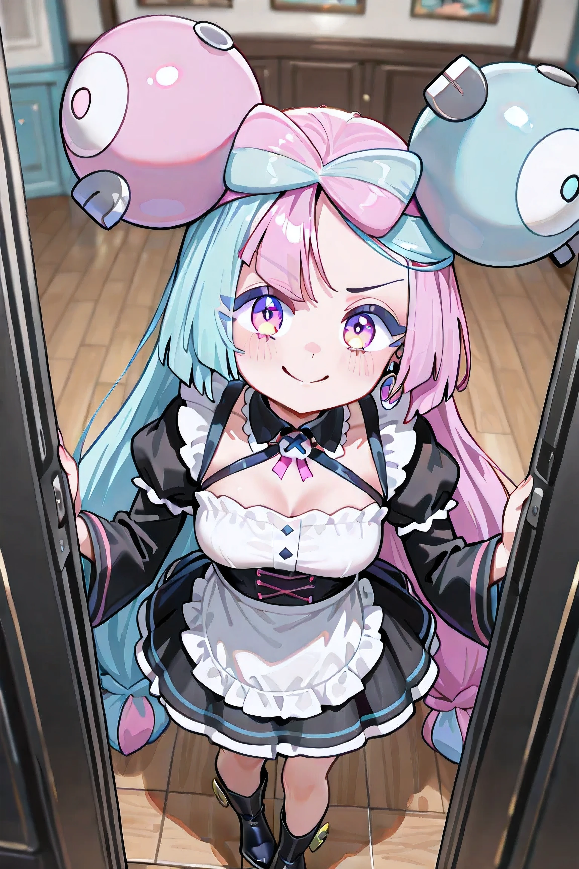 Iono (Pokémon Scarlet and Violet), young girl, ((((Just 1 Iono)))), medium breasts, very long hair, twintails, bicolor hair, light blue and pink hair, two-toned eyes, pink and blue eyes, ((falls)), animated smile, flushed cheeks earings, Extremely detailed face, maid uniform, very long sleeves , black boots, extremely detailed clothing, inside the house, seen from above, facing the spectator, 4K, Best Quality, obra-prima.