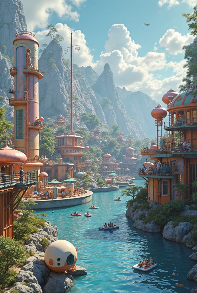 Picture the overall picture of a futuristic amusement park with various playground equipment using superconductors and new energy in the ultra-futuristic era, where science and technology have advanced greatly and robots have become popular, and robots act as employees