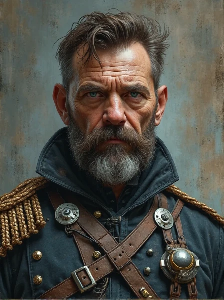 Rough Napoleonic Veteran. Short beard. Dark Brown hair. messy haircut. blue eyes. Fancy but dirty Uniform. Cybernetics. Dieselpunk. Dark Sci-fi. Warhammer 40k. Gothic aesthetics. baroque Oil painting