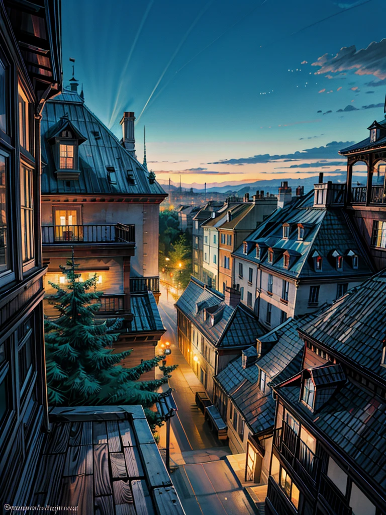 a painting of a table and chairs on a balcony, by Evgeny Lushpin, beautiful terrace, inspired by Evgeny Lushpin, rooftop romantic, romantic atmosphere, tomas kinkade, terrace, dreamy night, paris background, serene evening atmosphere, romantic scene, thomas kinkade style painting, thomas kinkade painting, romanticism painting, kinkade, by Thomas Kinkade,  4k hd,, beautiful art uhd 4 k, a beautiful artwork illustration, beautiful digital painting, highly detailed digital painting, beautiful digital artwork, detailed painting 4 k, very detailed digital painting, rich picturesque colors, gorgeous digital painting