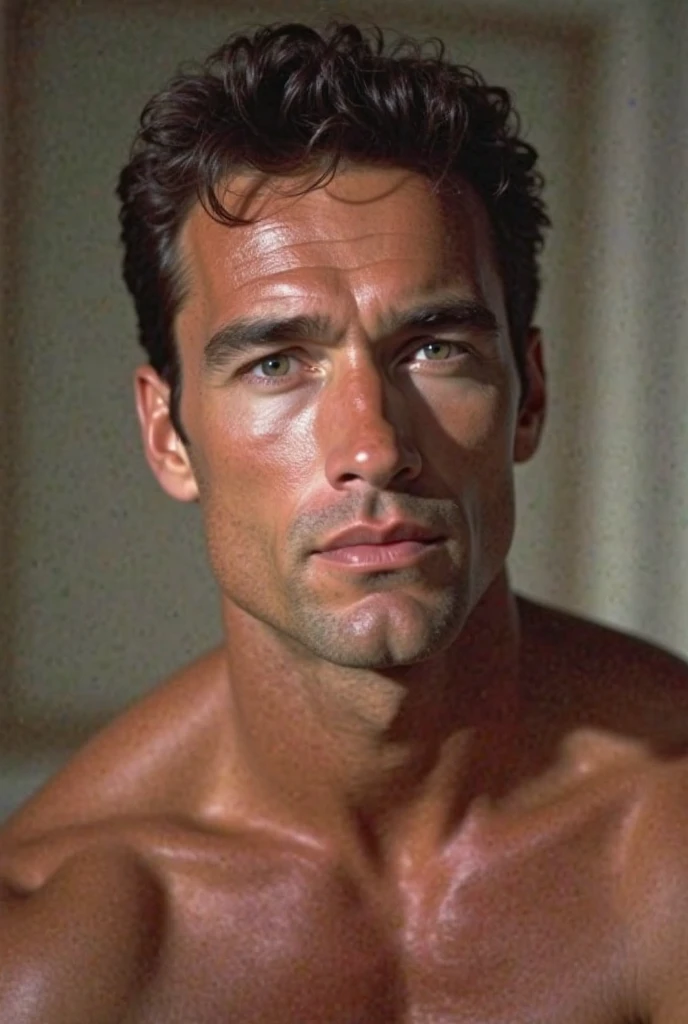 photo, 8k, sharp focus, don johnson, black hair, heavy weight male celeb, black bikini, topless