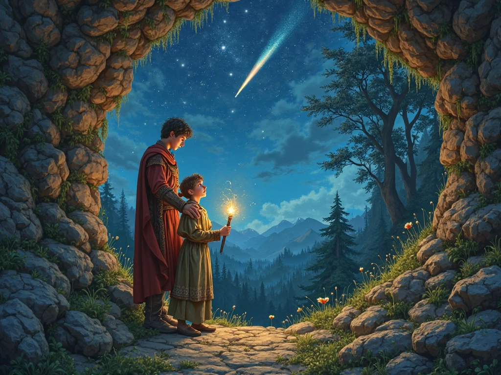 
looked up at the sky, where a shooting star crossed the sky like a streak of fire   medieval man, placing his hands on the shoulder of an eleven-year-old male boy, dressed in medieval attire, standing next to a rock and a beautiful forest.AN ELEVEN-YEAR-OLD ,  of the male gender, , DRESSED IN MEDIEVAL CLOTHES, YOU ARE INSIDE A CAVE ,    suspended in the air ,  lying on her belly up , ARMS OPEN AND FALLEN IN THE AIR, HOLDING A RELIC IN THE RIGHT HAND, model. 
Guided by ravens and natural signs, Madix discovers an opening between the rocks covered in moss. He enters with a makeshift torch and realizes that he is in a very ancient place, with drawings on the walls and symbols glowing faintly. It is there that he encounters, for the first time, the shadow of the Guardian. The creature before him wasn’t scary. It was… curious. About the size of a rabbit, with fur as fine as mist and golden eyes that shone like stars reflected in a lake.

