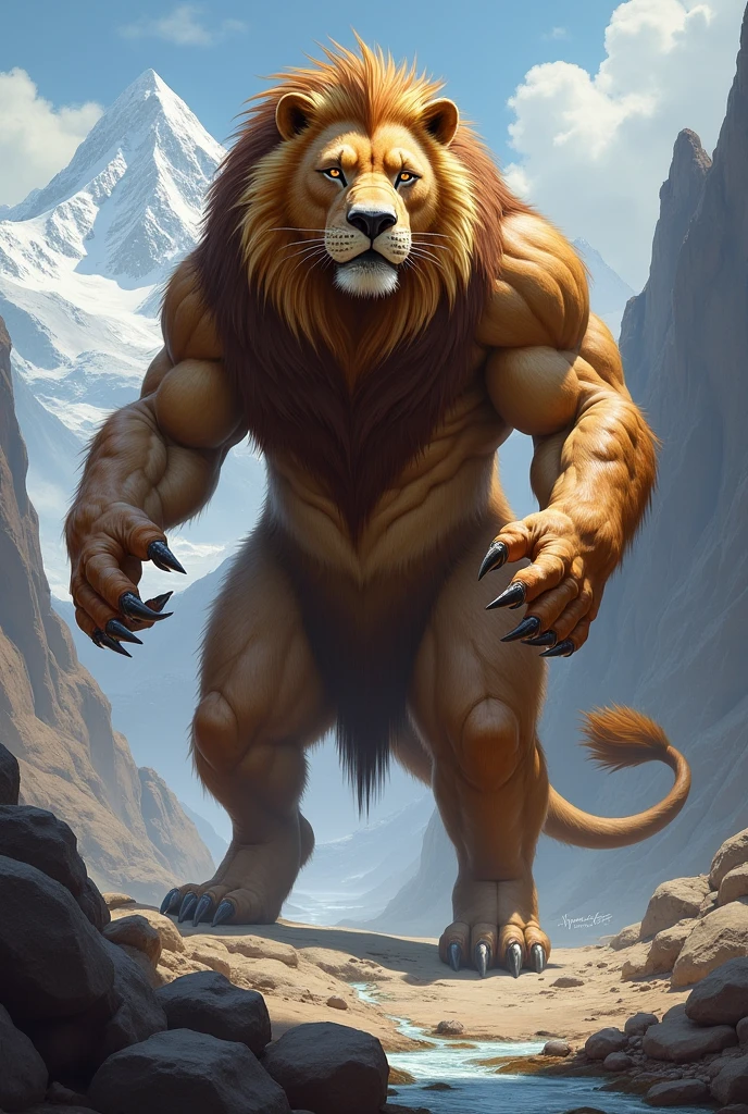 muscular feral:1 lion posing for the camera. 4k, high resolution, best quality, perfect colors, perfect shadows, perfect lighting, posted on e621, furry body, feral lion, quadruped lion, solo, male, adult, masculine, (muscular, dense build:1.4, muscular shoulders), correct anatomy, (photorealistic fur, detailed fur, epic, masterpiece:1.2), (detailed winter background, snowing, cloudy sky, sunset), sexy shadows, (by echin, by Taran Fiddler, by vorusuarts, by Traver009, by Juiceps), (detailed eyes:1.2), impressive physique, confident pose, strong pose, confident face, proud, detailed eyes, looking at camera, close-up, open mouth, low-angle shot