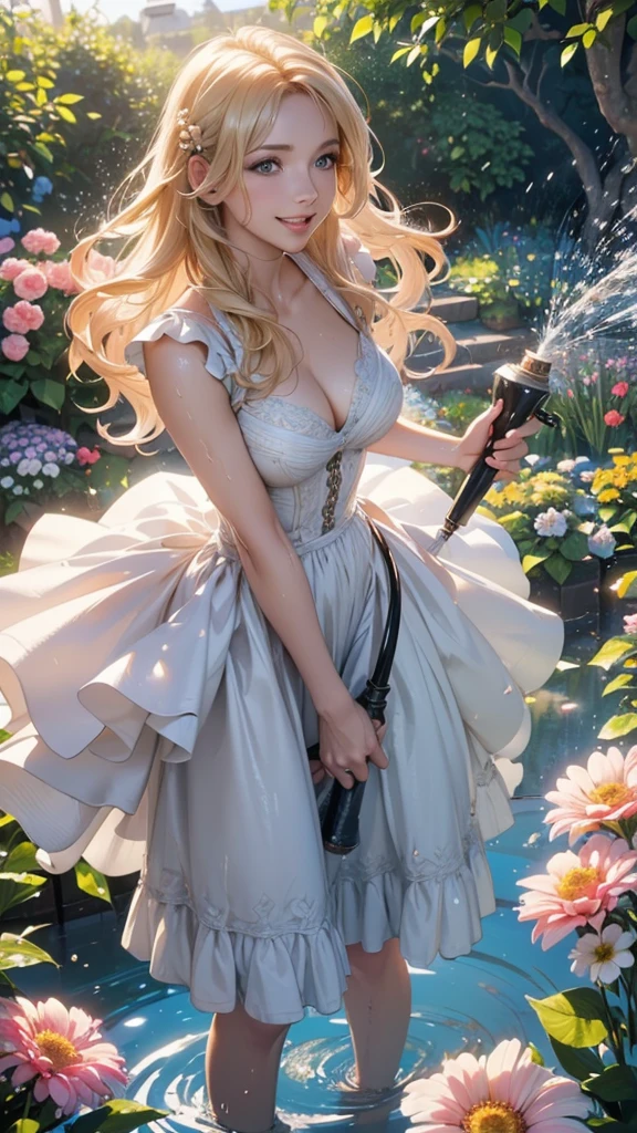 (photo realistic), highly detailed, Award-winning photography, Sharp focus,
A beautiful Scandinavian woman,
extraordinarily beautiful face, blonde,
((She is extremely panicked, Smiling with the best smile)),

She is holding a garden hose, trying to water the flowers, but the water bursts out with strong pressure, making the hose uncontrollable,
((Water splashes everywhere, and the woman laughs or looks surprised, her hair and clothes wet)),

The scene is bright and cheerful, under a sunny blue sky with soft shadows on the ground. Captured mid-action with a sense of playful chaos and motion
a vibrant garden full of blooming flowers,
