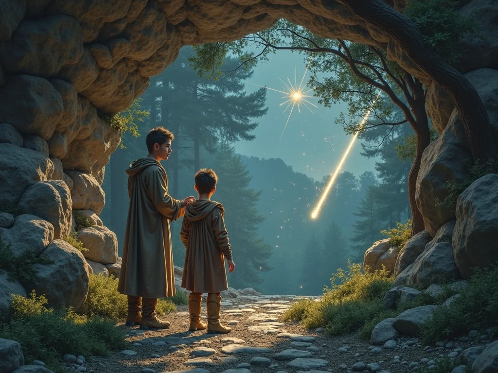 
looked up at the sky, where a shooting star crossed the sky like a streak of fire   medieval man, placing his hands on the shoulder of an eleven-year-old male boy, dressed in medieval attire, standing next to a rock and a beautiful forest.AN ELEVEN-YEAR-OLD ,  of the male gender, , DRESSED IN MEDIEVAL CLOTHES, YOU ARE INSIDE A CAVE ,    suspended in the air ,  lying on her belly up , ARMS OPEN AND FALLEN IN THE AIR, HOLDING A RELIC IN THE RIGHT HAND, model. 
Guided by ravens and natural signs, Madix discovers an opening between the rocks covered in moss. He enters with a makeshift torch and realizes that he is in a very ancient place, with drawings on the walls and symbols glowing faintly. It is there that he encounters, for the first time, the shadow of the Guardian. The creature before him wasn’t scary. It was… curious. About the size of a rabbit, with fur as fine as mist and golden eyes that shone like stars reflected in a lake.

