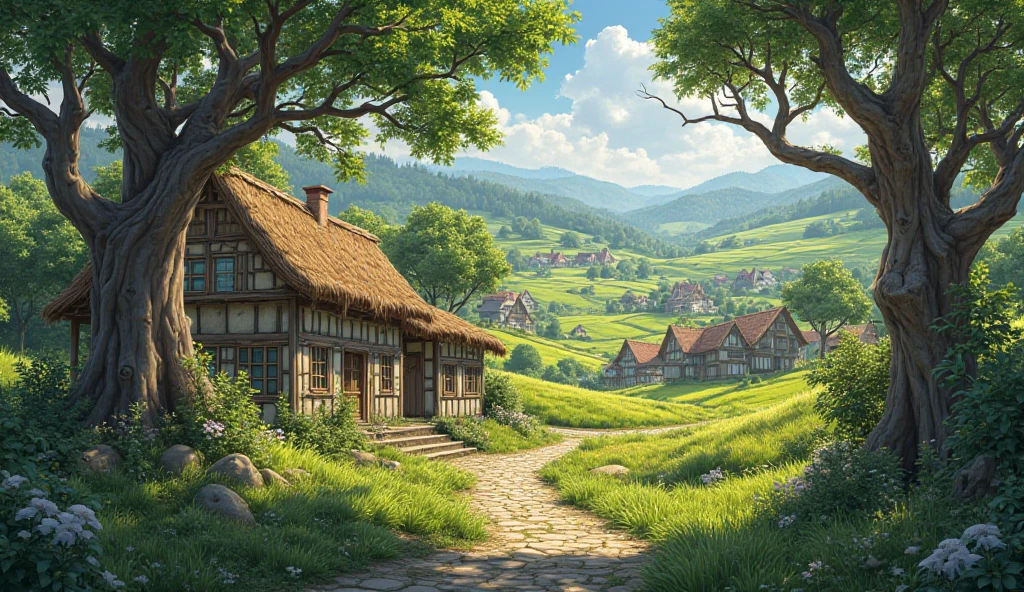 A peaceful and charming village named Chandralok, surrounded by lush green fields and tall ancient trees, Small, traditional houses with thatched roofs and narrow cobbled pathways.