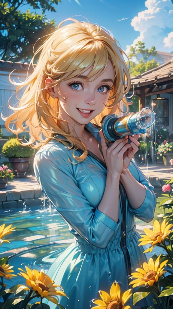 (photo realistic), highly detailed, Award-winning photography, Sharp focus,
A beautiful Scandinavian woman,
extraordinarily beautiful face, blonde,
((She is extremely panicked, Smiling with the best smile)),

She is holding a garden hose, trying to water the flowers, but the water bursts out with strong pressure, making the hose uncontrollable,
((Water splashes everywhere, and the woman laughs or looks surprised, her hair and clothes wet)),

The scene is bright and cheerful, under a sunny blue sky with soft shadows on the ground. Captured mid-action with a sense of playful chaos and motion
a vibrant garden full of blooming flowers,
