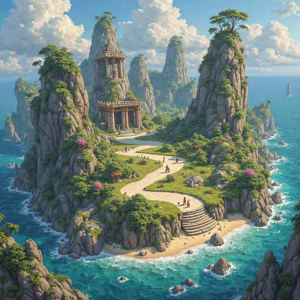 Design an island for me with dice, billiards and chess figures inside it in the middle