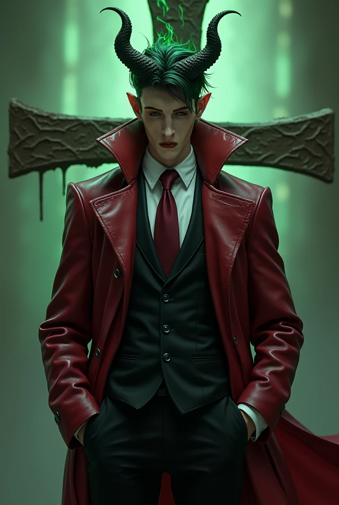 The guy in the form of a demon prince, dressed in a black suit, burgundy tie, red leather trench coat, he has a thin athletic body, above his head is a black-and-green flame in the form of a dragon, behind him is a broken cross