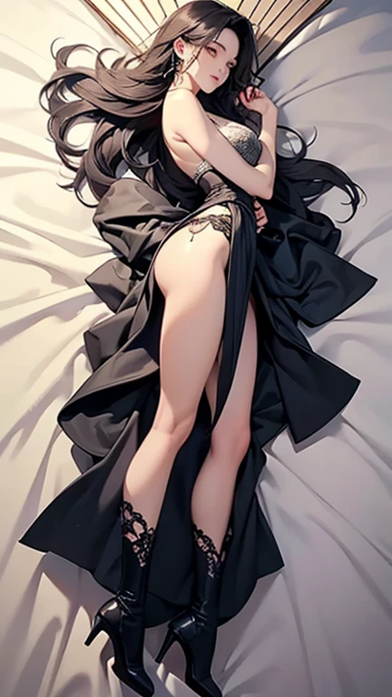 NSFW, shadowheart, baldurs gate 3, character centered in image, Fair skin, Dark black eyes, ponytail, Black hair, sexual pose, full body shot, victorian era bedroom, Highest Quality, masterpiece, black lingerie, spreading open legs, laying back on bed, shot taken from above