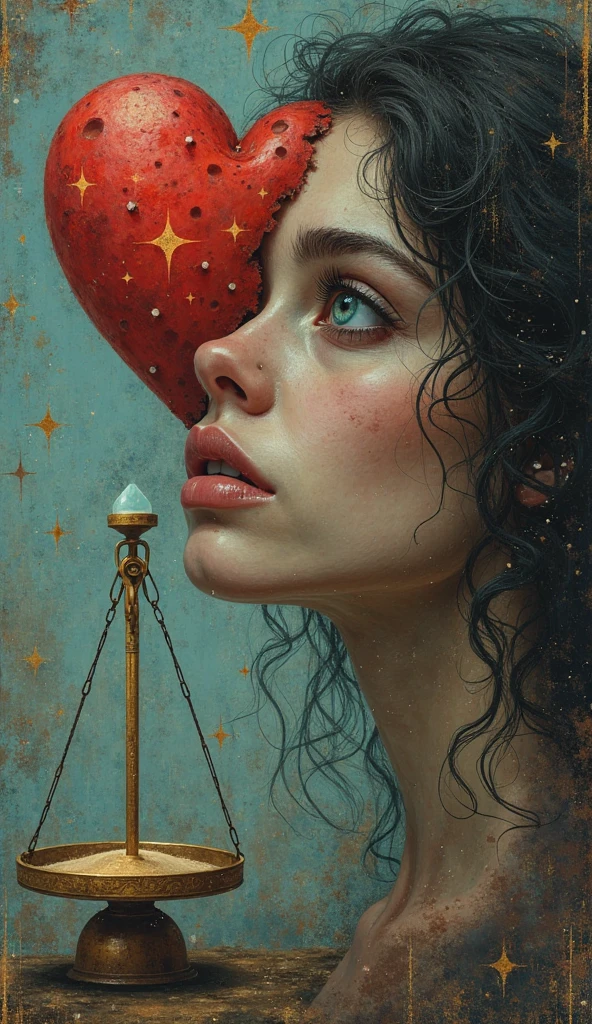 Surreal art, a woman looking at the horizon with a sad expression, blue eyes, abstract background Realistic style, "
 "A heart divided into two halves, Each half on an opposite side of an unbalanced scale, background with stars, Gothic style
"An hourglass with sand that drains quickly.