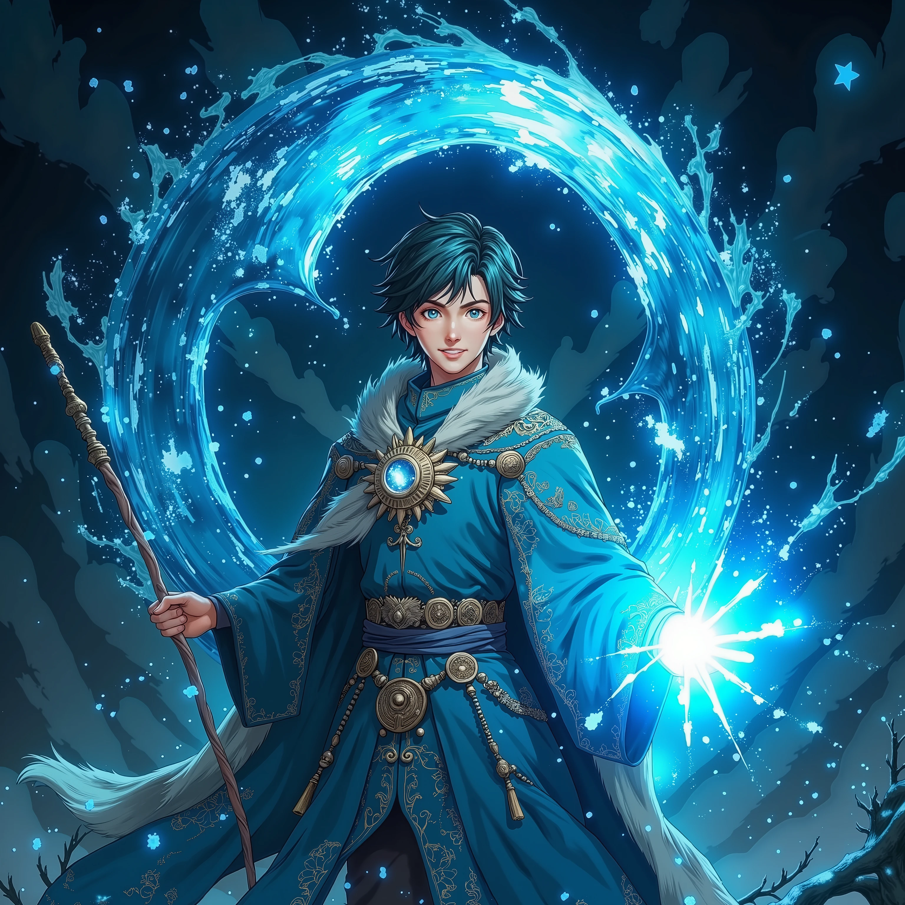 A handsome young male wizard is smiling while casting a spell. A magical portal opens in front of him, and through it, a large number 2 made of water emerges. The scene is full of glowing blue energy, magical sparkles, and dramatic lighting. The wizard wears a detailed cloak and holds a staff. The whole image has a cinematic and fantasy feel. Masterpiece, newest, absurdres, detailed face, anime style, perfect hands.