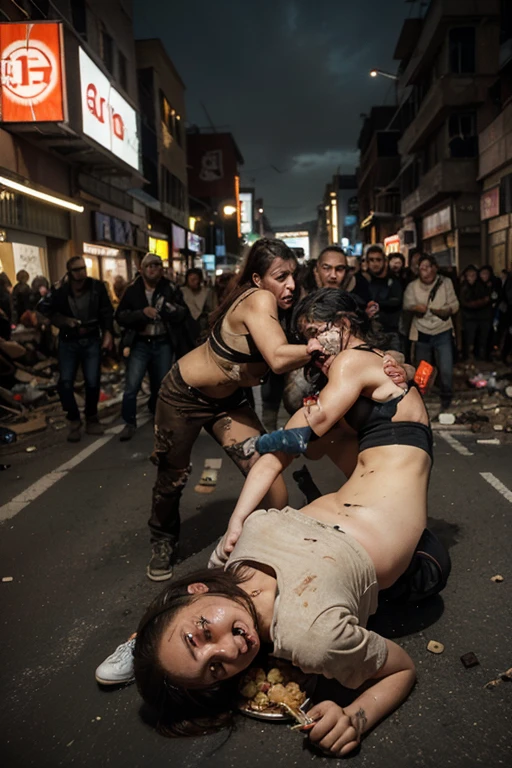 Masterpiece, 2woman (punching each other:1.4), (street fight:1.4), (((barehand:1.3))), wearing jeans denim, (Topless:1.4), facing each other, ((Fighting each other:1.6)), angry, tired, (bruised:1.4), (bloody:1.75), (Thick body:1.45), (fierce:1.4), tense, punching each other, asian, fighting pose, crowd background, same height,