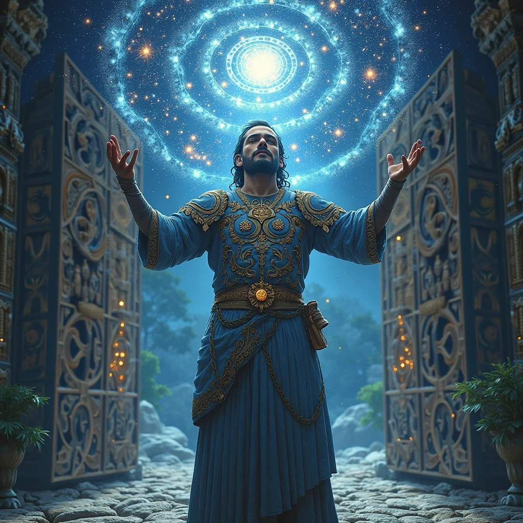 Marcus stands with both hands raised, conjuring a luminous spiral of Stoic teachings above his head. He wears a breastplate etched with stars, flanked by glowing scrolls. A Byzantine temple gate opens behind him to the cosmos. Tarot card aesthetic with metallic blue tones.