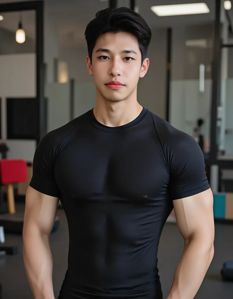((realistic daylight)) , Young Korean man in only a black sports shirt, no stripes, and jeans., A handsome, muscular young Asian man looks at the camera. , in the restaurant ,turn sideways