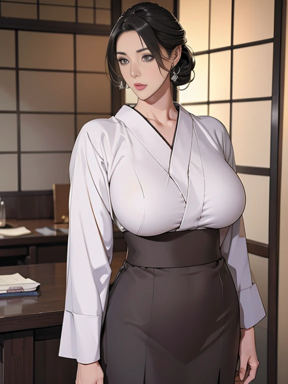 (masterpiece, best quality, detailed illustration, high resolution), ((1girl, solo)), ((huge breasts, large breasts, slim waist, long legs, fit body, toned body)), ((grey hair)), ((kimono)), ((full body, closeup view)), ((standing)), ((looking at the viewer, facing the viewer)), office setting, ((fair skin)), oiled skin, ((large breasts, mature woman, mature female, mature lady)), brown eyes, (long hair), (detailed eyes), ((standing)),