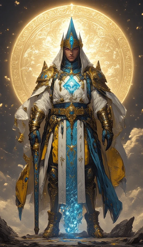 "an image of a majestic god-priest king, dressed in sacred robes of white and gold, adorned with jewels and golden chains. His sacred helmet has a glowing blue crystal on its forehead, radiating wisdom and power. He holds a hammer staff with a brilliant orb of celestial light, while his golden cape flows with mystical energy. Behind him, a huge golden circle with sacred patterns shines brightly, evoking the presence of a divine entity. The setting is a dark and mysterious environment, highlighting its radiant and  imposing figure"