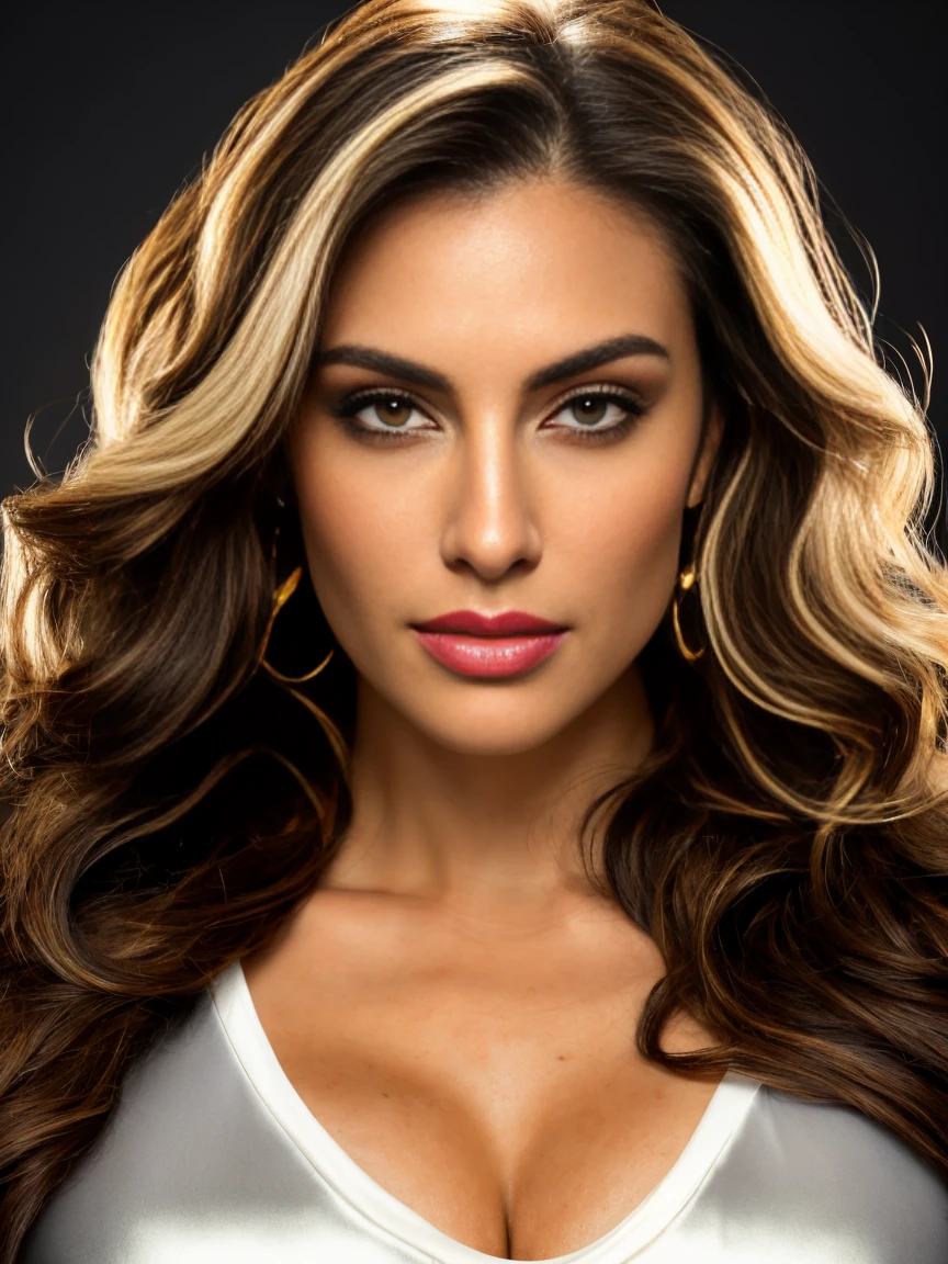 full body ,retro style, beautiful female model, glamorous body, Plump body, long haired person, Wavy Hair, blonde, smooth skin, brown eyes, beige lips, flashy makeup, ((Exotic shirt dress with intricate patterns)), open shirt, necklace, earrings, high heels, realist, super realistic 8K, super detailed and realistic, posture sculpture, big ass