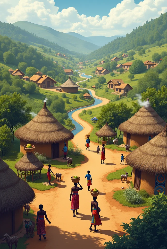 give me a typical local African village settings for  Umu-oshoma Village inLandscape