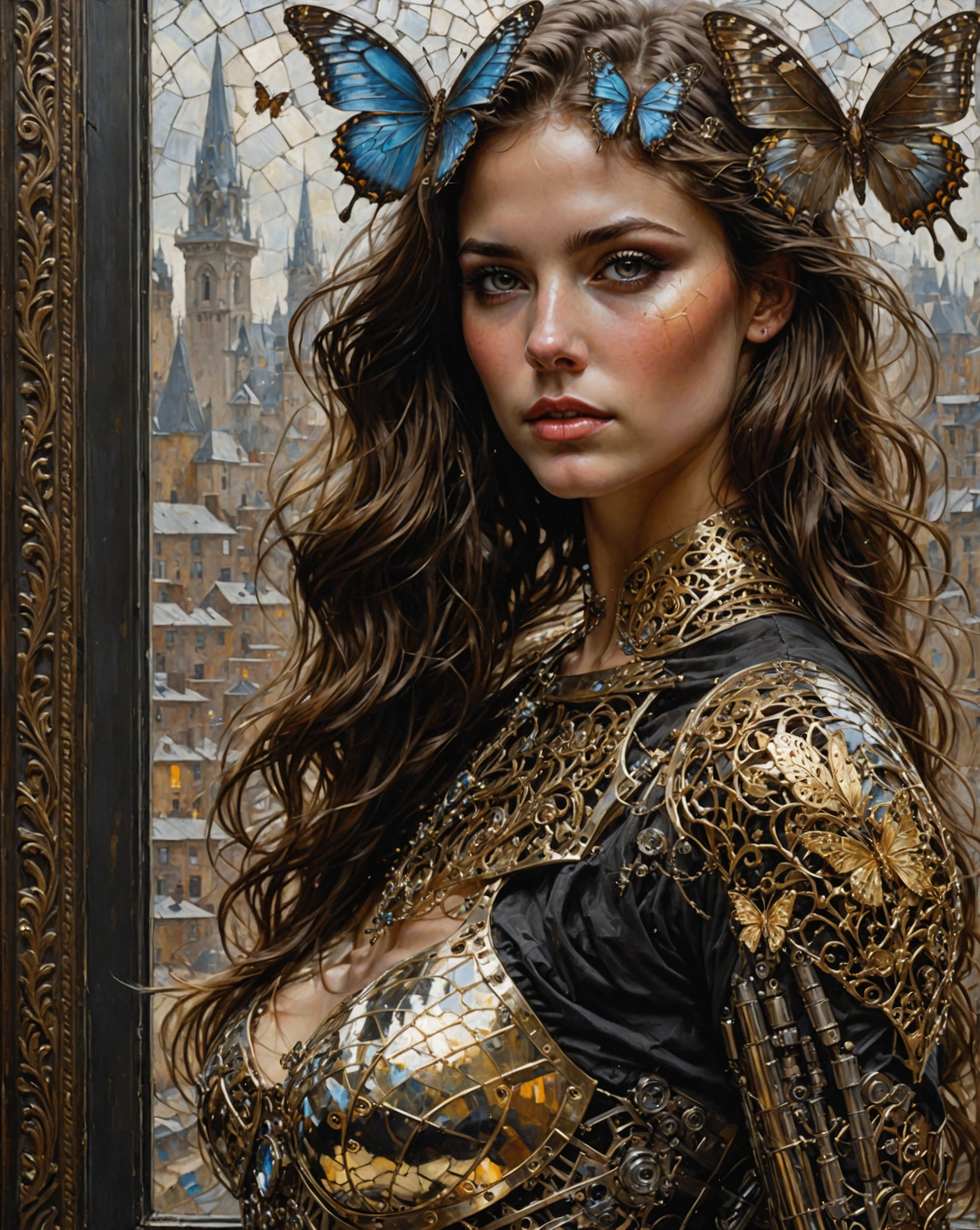  In Casey Baugh's evocative style ,  art of a beautiful young cyborg with long brown hair ,  futuristic , Science fiction, intrincado, elegante, highly detailed, majestoso, Baugh's brush work infuses painting with a unique combination of realism and abstraction, Greg Rutkowski, surreal gold filigree, broken glass, (obra-prima, side lighting, beautiful and detailed eyes: 1.2), HDR, realistic painting,  natural skin, Textured Skin,  mouth shut, crystal eyes, butterfly filigree , breastplate,   eye makeup  ,  robot joints ,  long hair moved by the wind , window facing another world ,  Baugh's distinct style captures the essence of the girl's enigmatic nature , inviting viewers to explore the depths of her soul, Award-winning art 