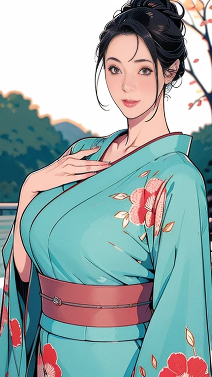 1,Japanese hairstyle,Photorealism,detailed,masterpiece,mature,((full)), (Broad shoulders), ((Huge)),(Beautiful long-sleeved kimono,Kimono,smile,masterpiece,high qualityのAn illustration,, An illustration:Zoe Mozart, pin up art byZoe Mozert, ヴィンテージpin up, ゾーイ・モザートによるAn illustration, girl pin up, pin up girl, pin upポスターガール, pin upガール, pin up, pin upガール,30 years old、high quality,Are standing,High Resolution 4K Information,Kyoto,Cherry tree,
