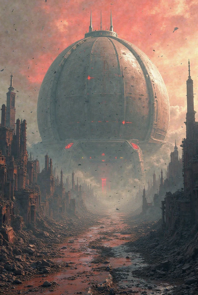 
Generate a view from a distopic apocalyse exterior (devastation, ruins) of a dome futuristic mega  city