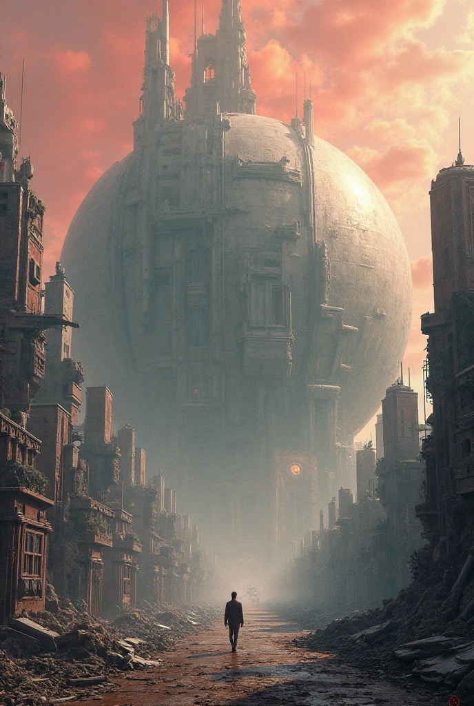 
Generate a view from a distopic apocalyse exterior (devastation, ruins) of a dome futuristic mega  city